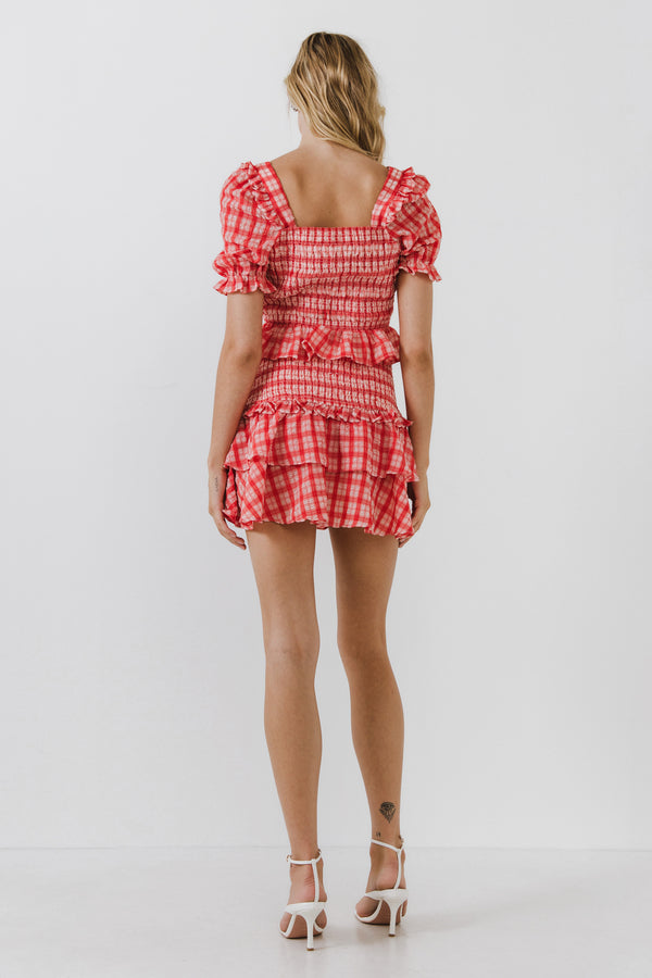 English Factory Women's Woven Square Neck Plaid Blouse RED