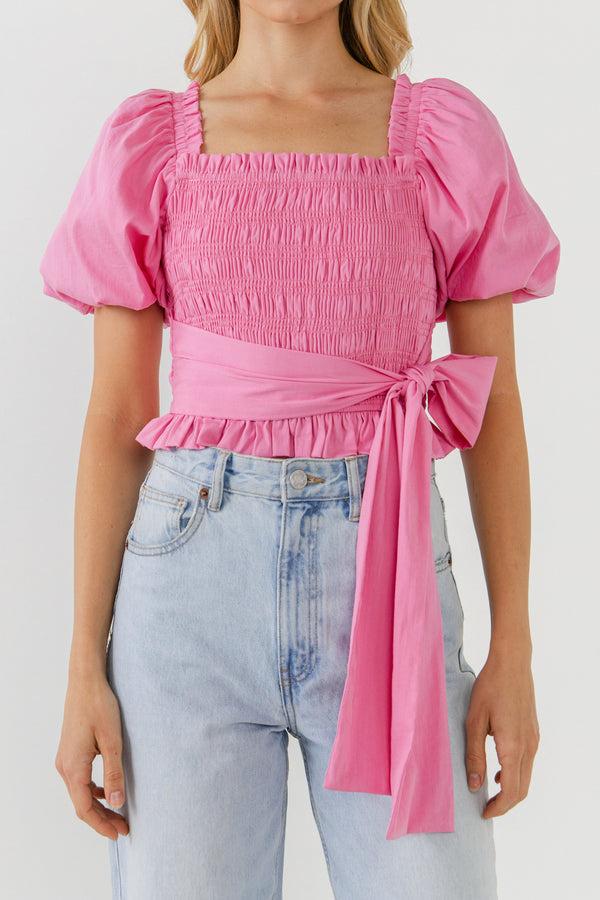 English Factory Women Woven Bow Tie Waist Blouse PINK