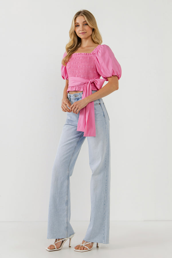 English Factory Women Woven Bow Tie Waist Blouse PINK