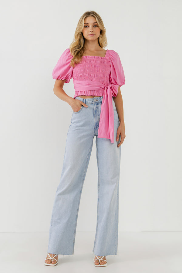 english factory Women Woven Bow Tie Waist Blouse PINK