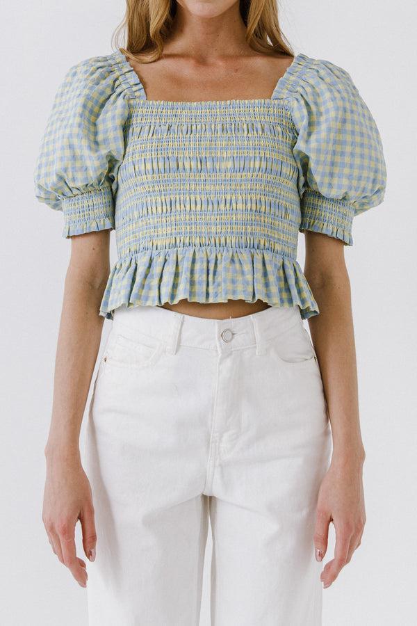 English Factory Women Woven Gingham Blouse BLUE/YELLOW