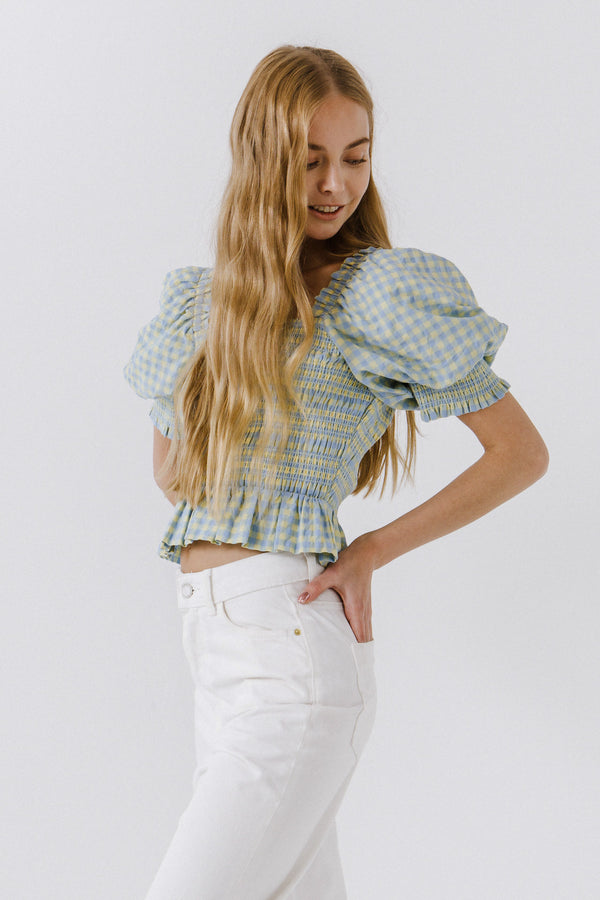English Factory Women Woven Gingham Blouse BLUE/YELLOW
