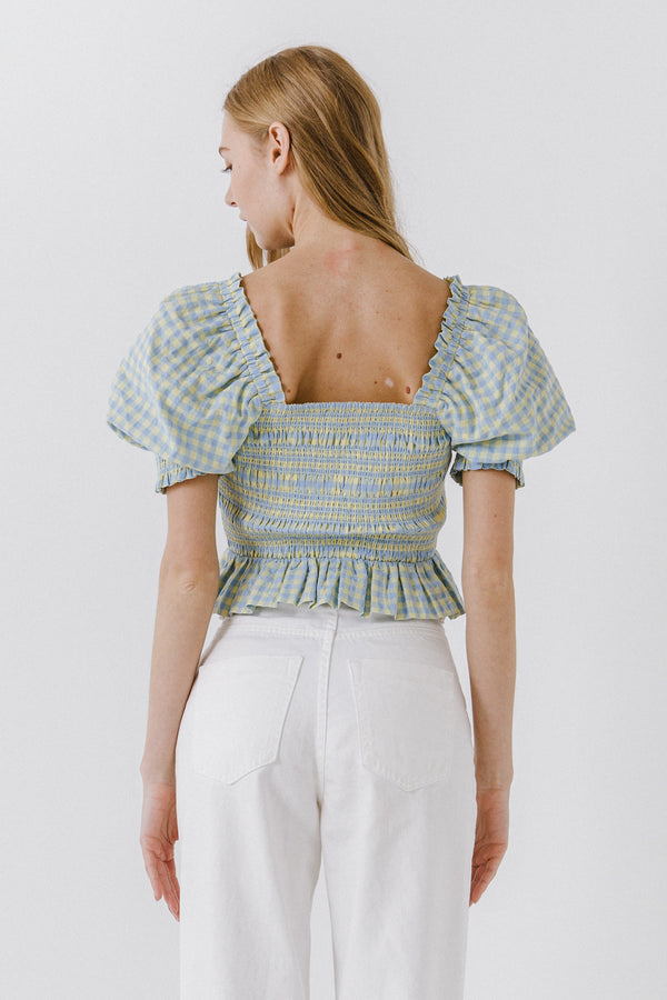English Factory Women Woven Gingham Blouse BLUE/YELLOW