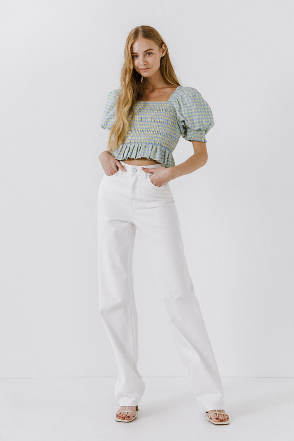 english factory Women Woven Gingham Blouse BLUE/YELLOW