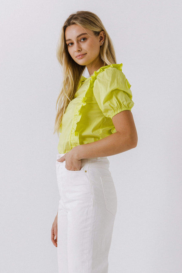 English Factory Women Woven Ruffled Bodice Blouse LIME