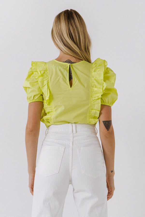 English Factory Women Woven Ruffled Bodice Blouse LIME