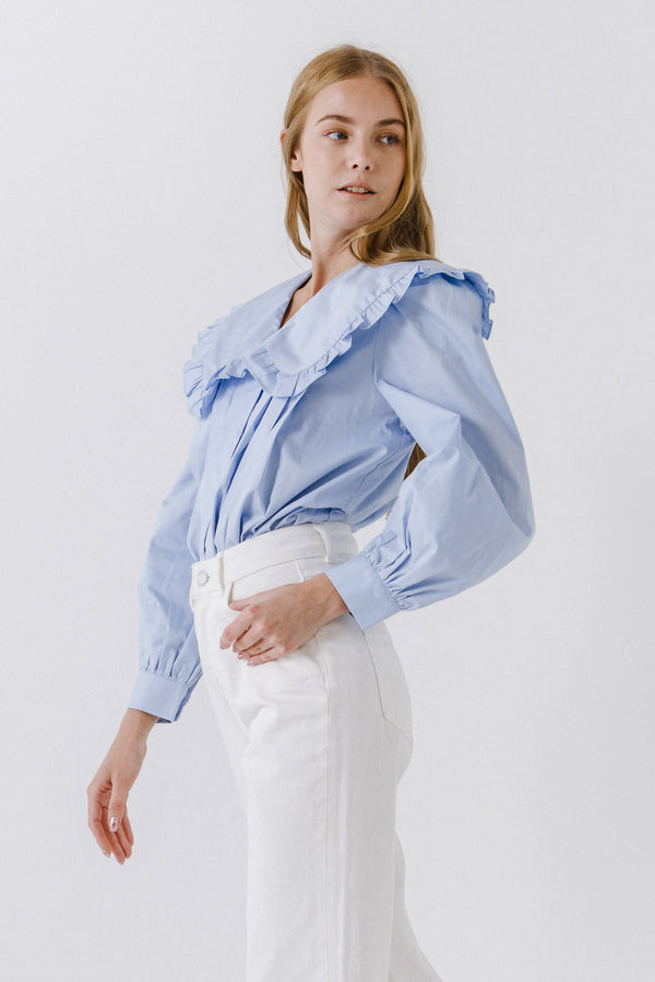 English Factory Women Woven Ruffled Collar Blouse POWDER BLUE