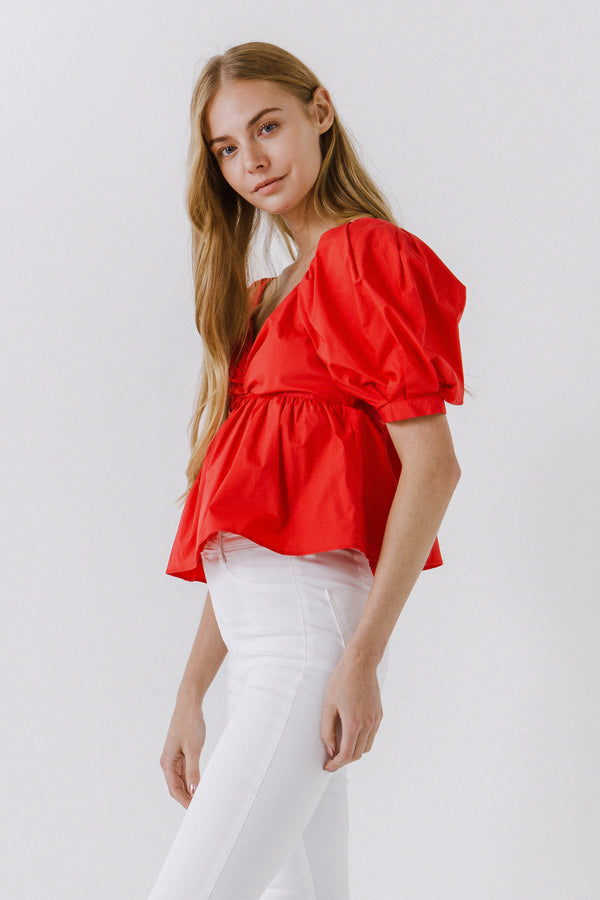 English Factory Women Woven Short Puff Sleeve Blouse RED