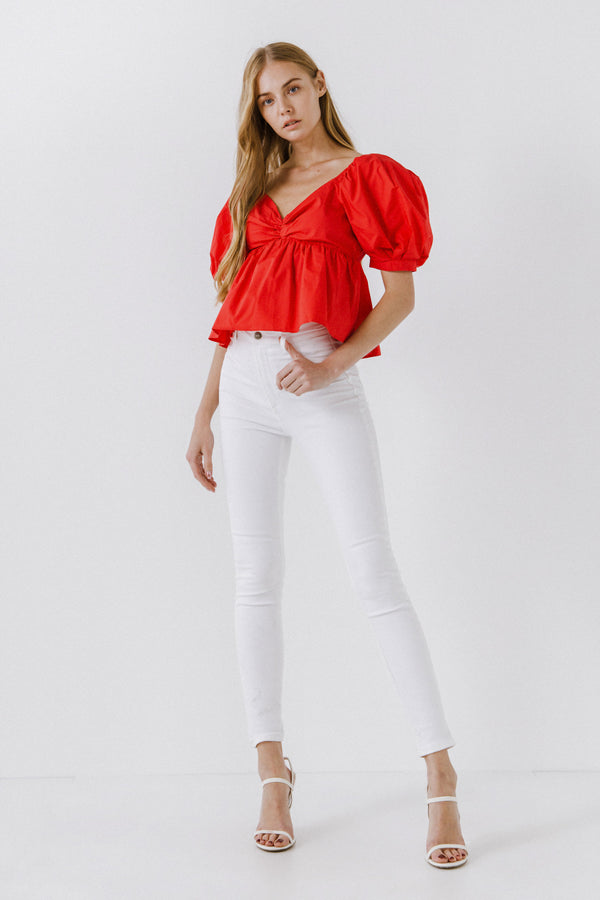 english factory Women Woven Short Puff Sleeve Blouse RED