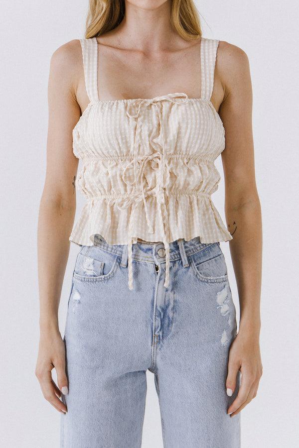 English Factory Women Woven Sleeveless Shirred Blouse BEIGE