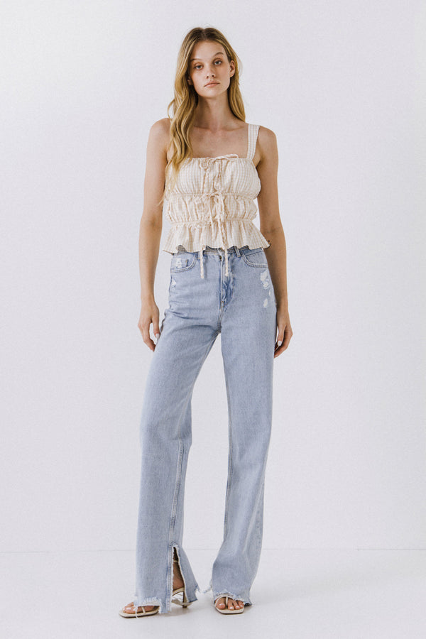 english factory Women Woven Sleeveless Shirred Blouse BEIGE