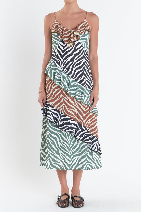 English Factory Zebra Print Colorblocked Slip Dress BROWN MULTI
