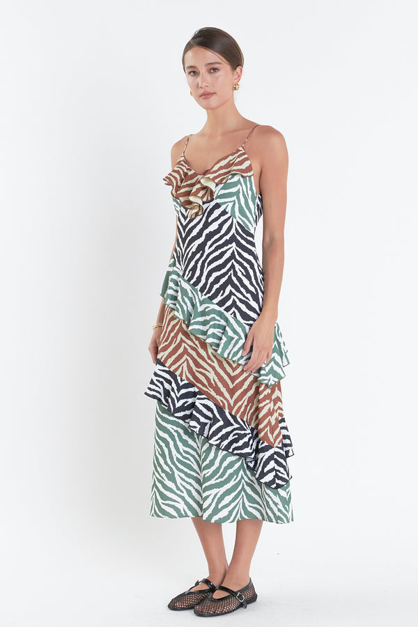 English Factory Zebra Print Colorblocked Slip Dress BROWN MULTI