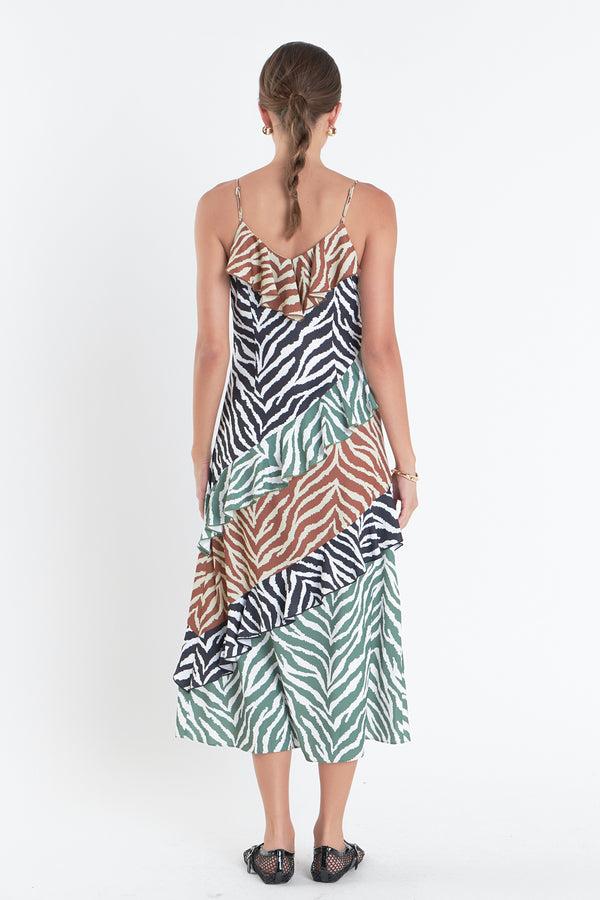 English Factory Zebra Print Colorblocked Slip Dress BROWN MULTI