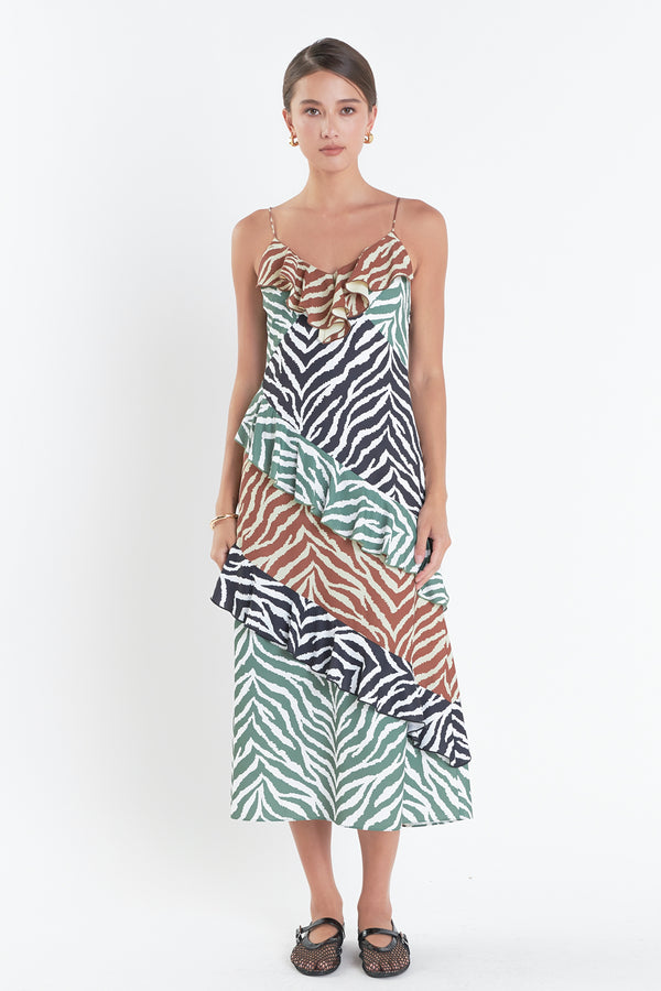 english factory Zebra Print Colorblocked Slip Dress BROWN MULTI