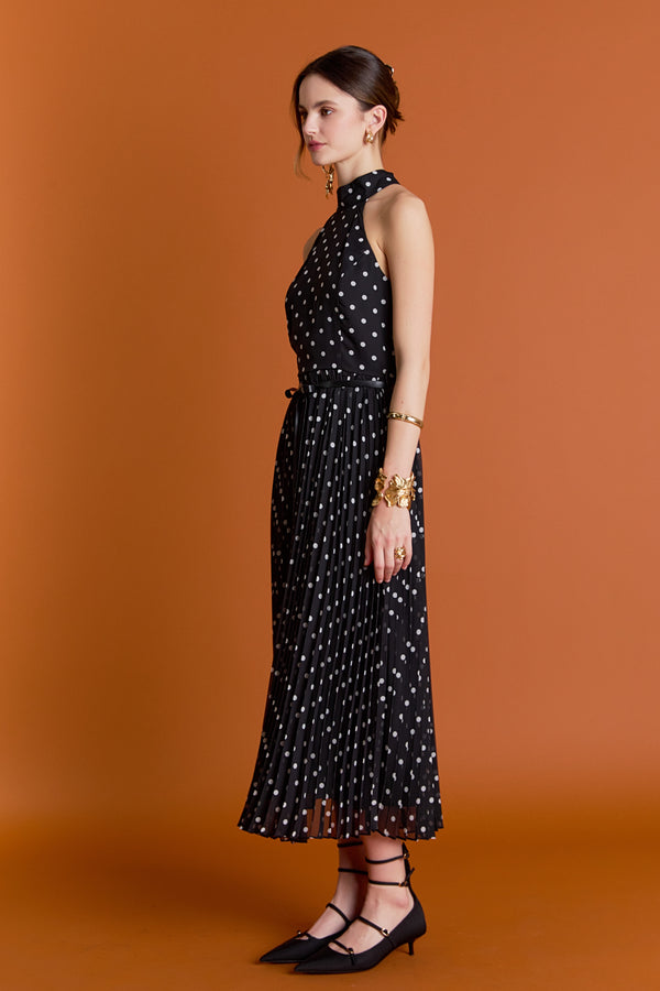 English Factory Zoe Polka Dot Pleated Midi Dress BLACK/WHITE