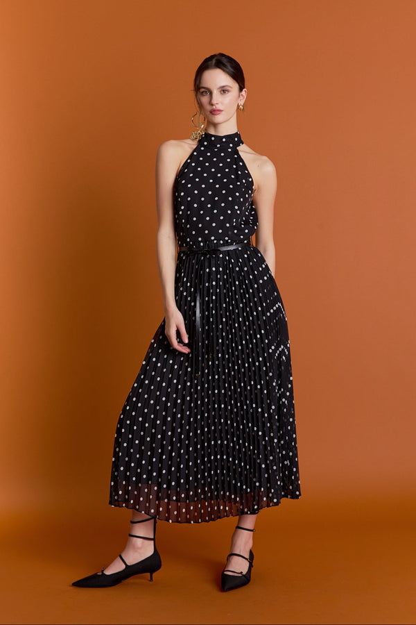 english factory Zoe Polka Dot Pleated Midi Dress BLACK/WHITE