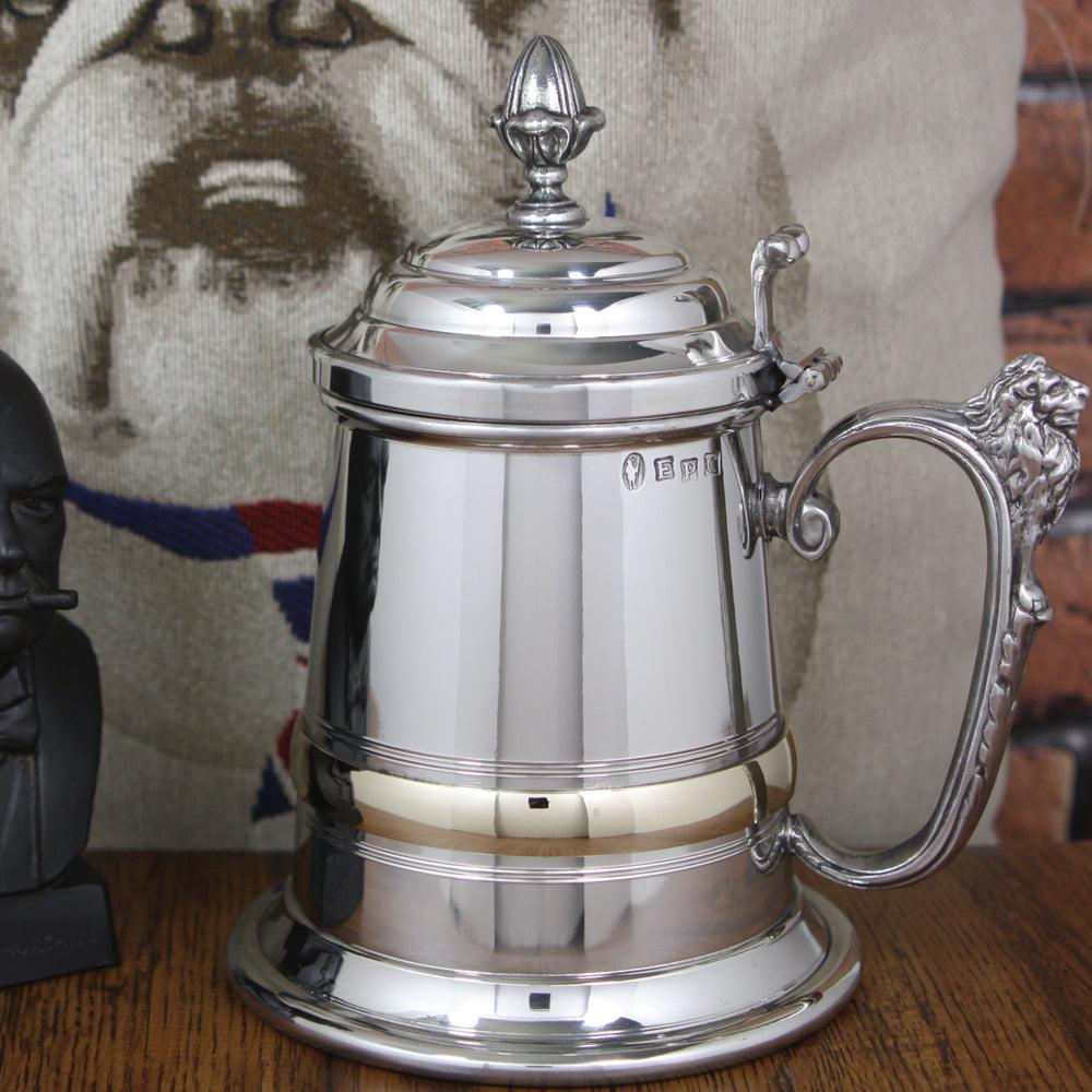 English Factory 1 Pint* Extra Heavy Pewter Beer Mug Tankard With Intricate Lion Handle & Lid