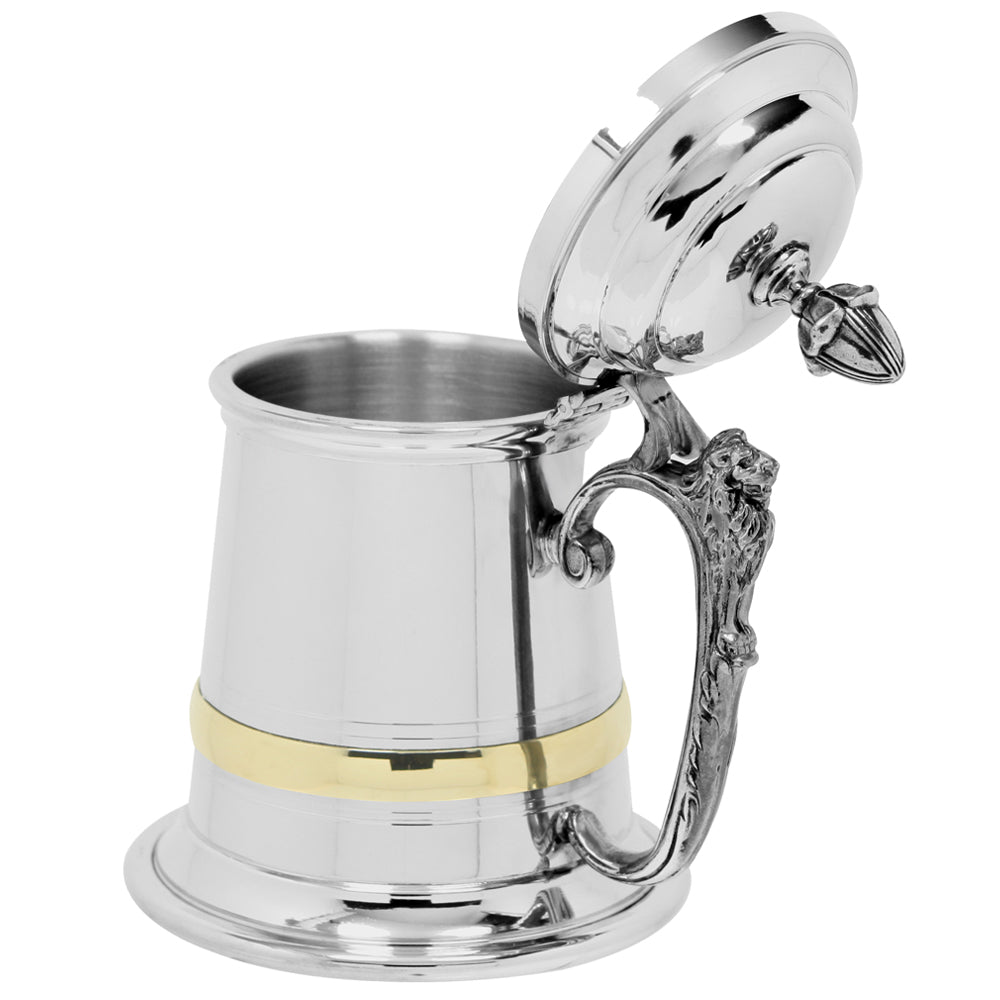 English Factory 1 Pint* Extra Heavy Pewter Beer Mug Tankard With Intricate Lion Handle & Lid