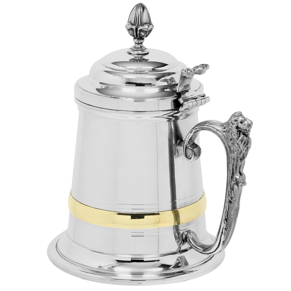 English Factory 1 Pint* Extra Heavy Pewter Beer Mug Tankard With Intricate Lion Handle & Lid