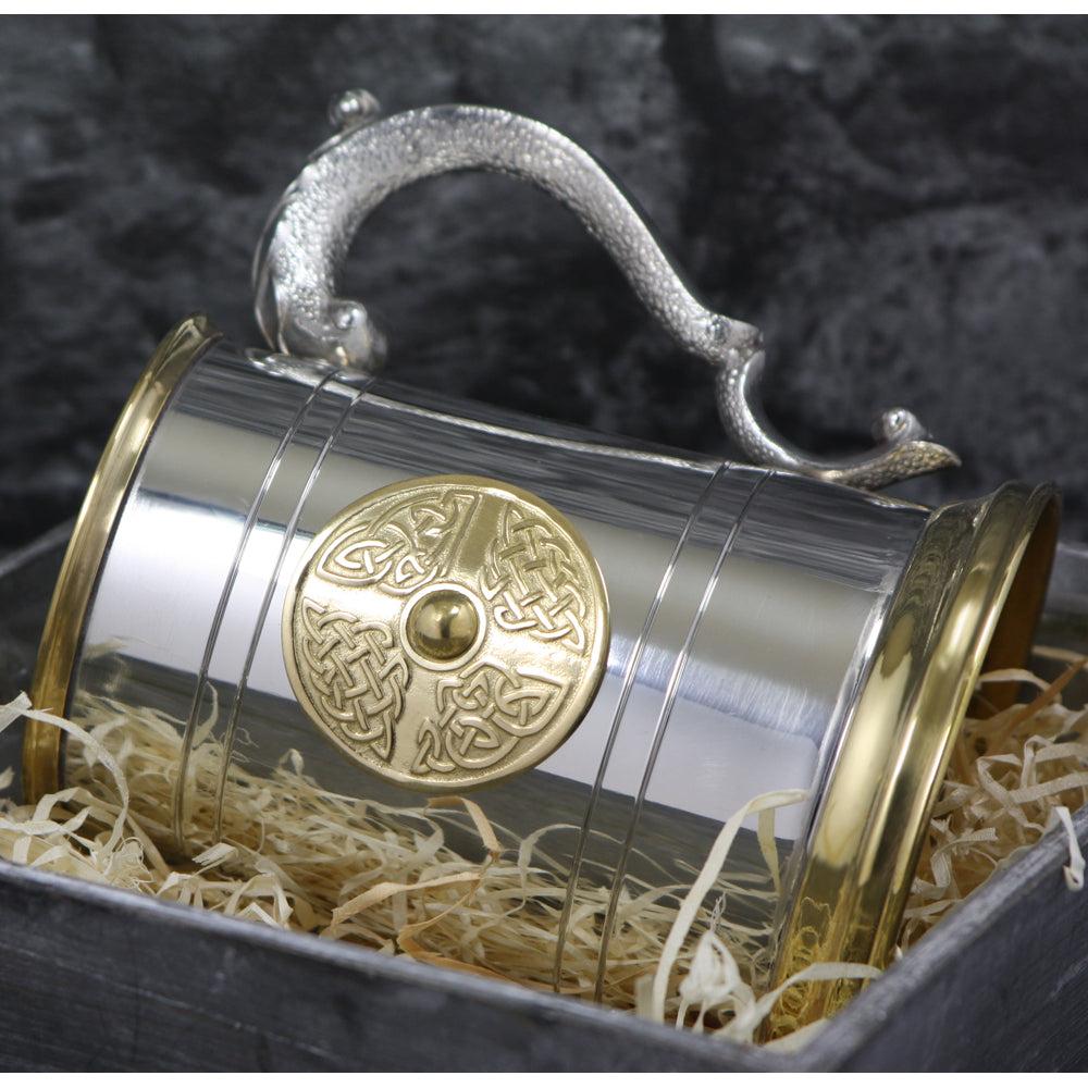 English Factory 1 Pint* Pewter And Brass Beer Mug Tankard With Brass Celtic Badge