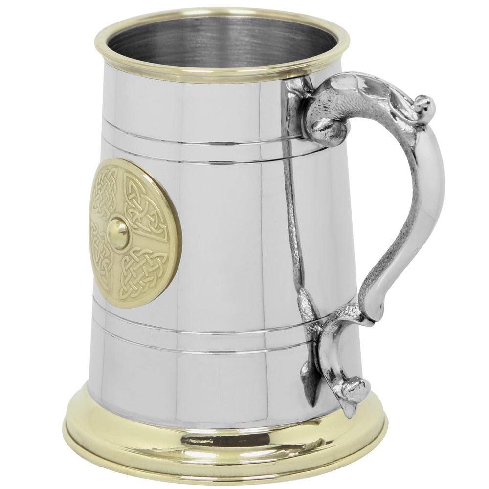 English Factory 1 Pint* Pewter And Brass Beer Mug Tankard With Brass Celtic Badge