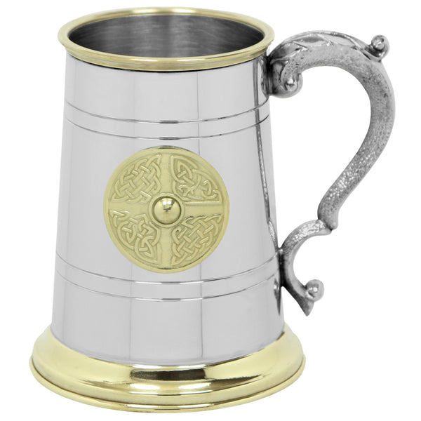 english factory 1 Pint* Pewter and Brass Beer Mug Tankard with Brass Celtic Badge