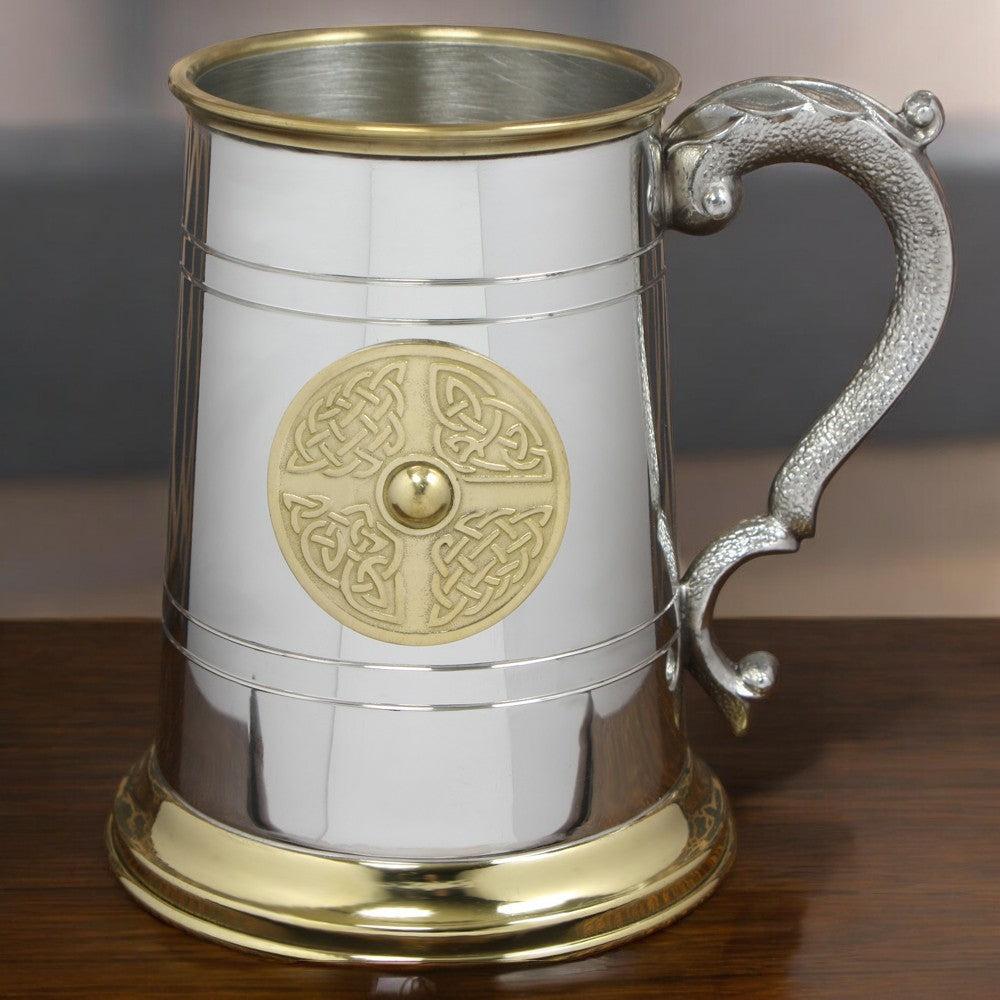 English Factory 1 Pint* Pewter And Brass Beer Mug Tankard With Brass Celtic Badge