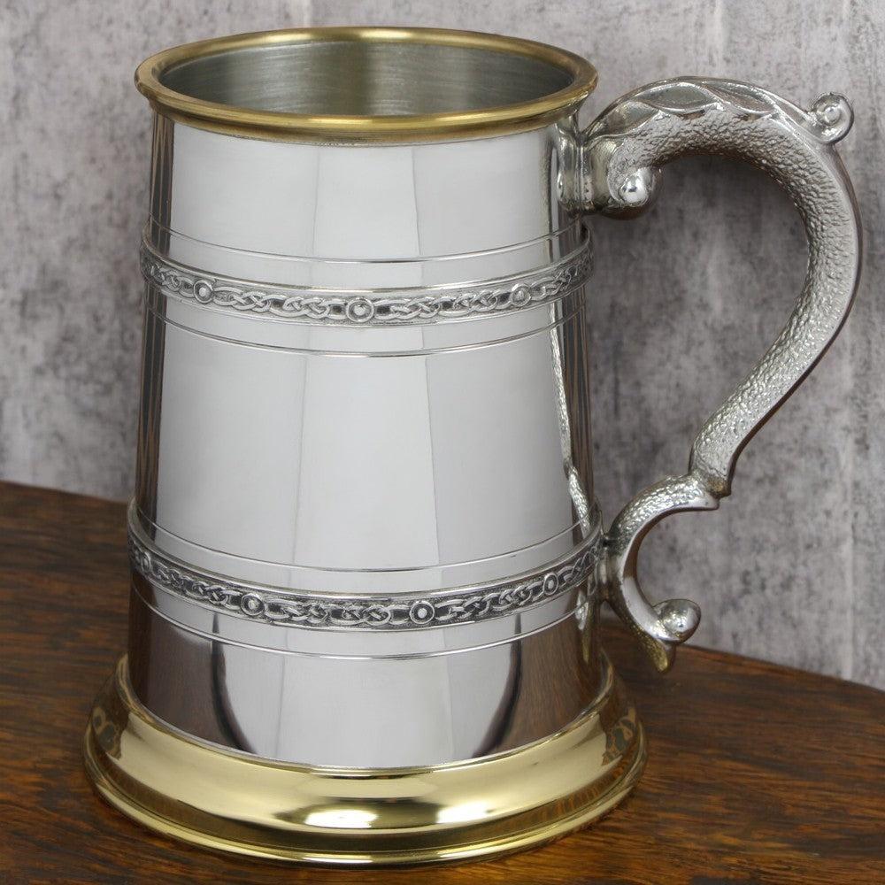 English Factory 1 Pint* Pewter And Brass Beer Mug Tankard With Celtic Styling