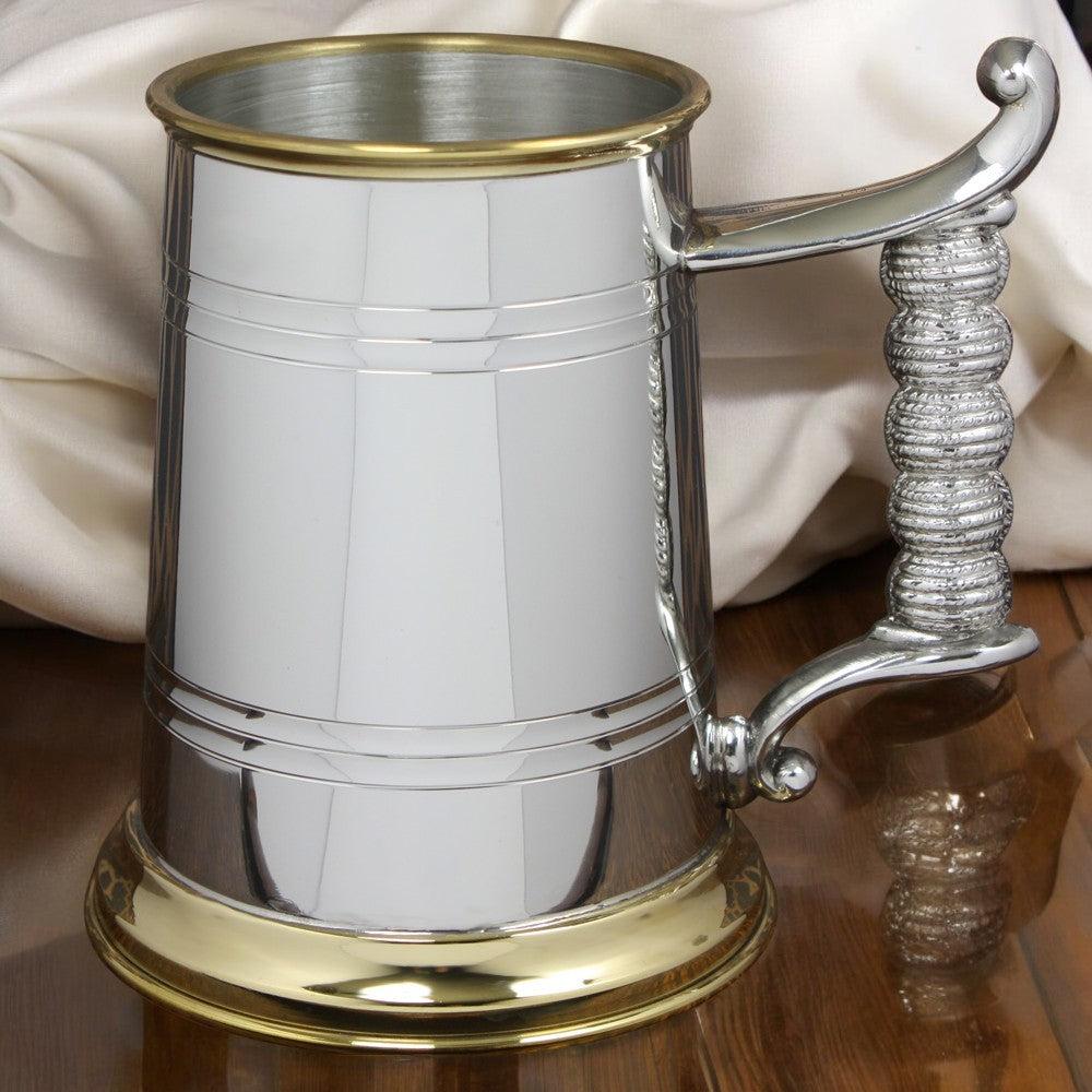 English Factory 1 Pint* Pewter And Brass Beer Mug Tankard With Elegant Rope Style Handle