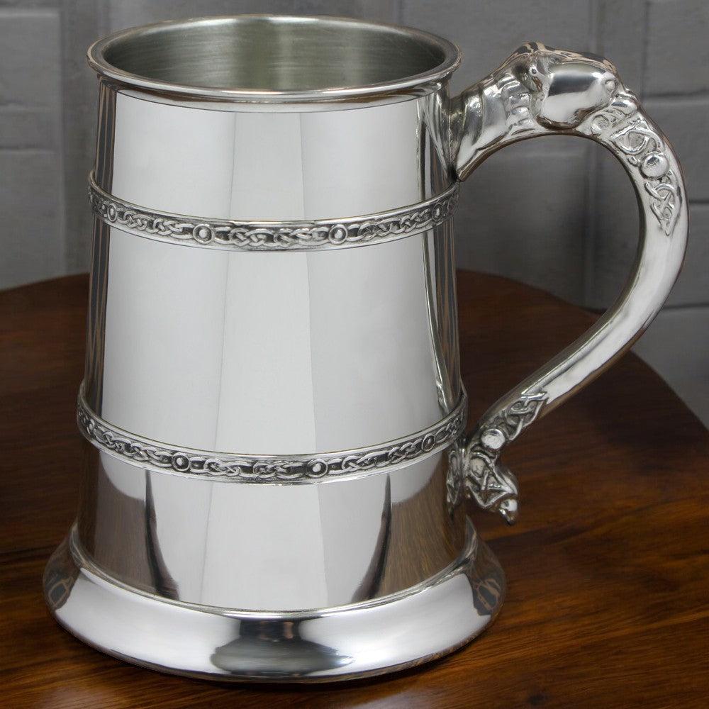 English Factory 1 Pint* Pewter Beer Mug Tankard With Intricate Celtic Lion Handle Design