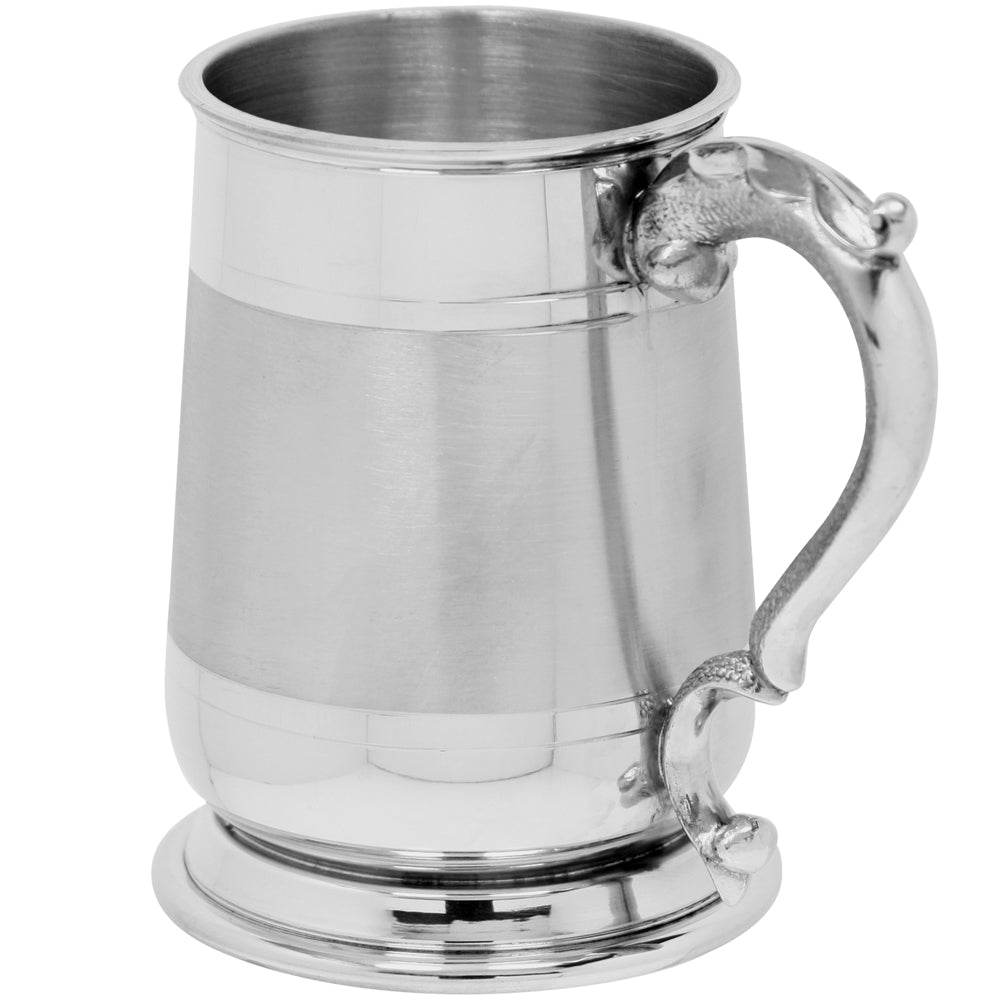 English Factory 1 Pint* Pewter Beer Mug Tankard With Ornate Handle And Satin Band