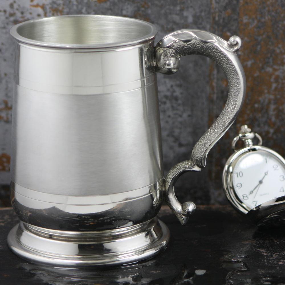 English Factory 1 Pint* Pewter Beer Mug Tankard With Ornate Handle And Satin Band