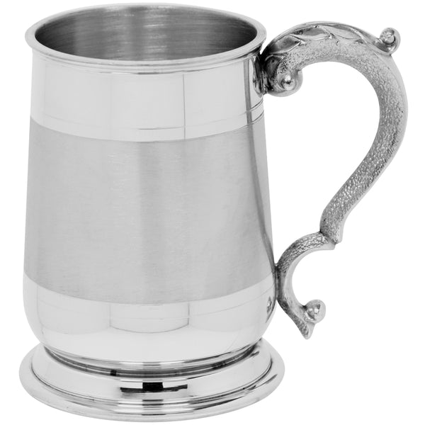 english factory 1 Pint* Pewter Beer Mug Tankard With Ornate Handle and Satin Band