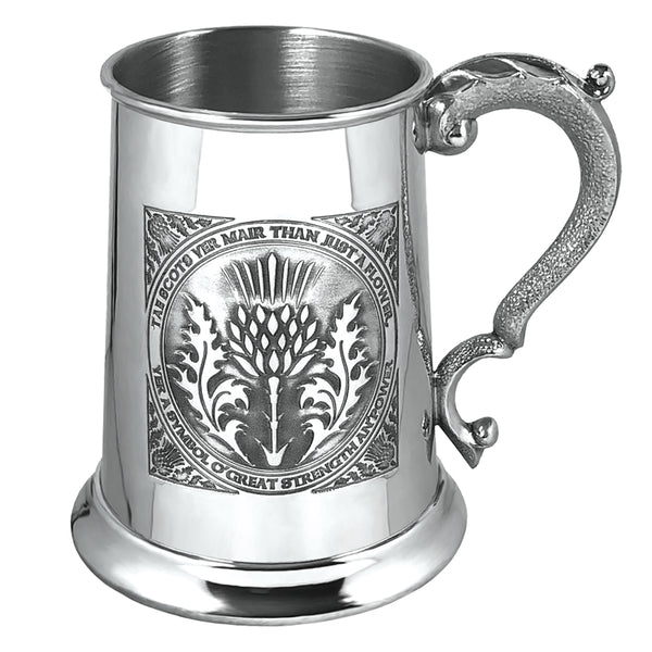 english factory 1 Pint* Pewter Beer Mug Tankard with Scottish Tae A Thistle Design