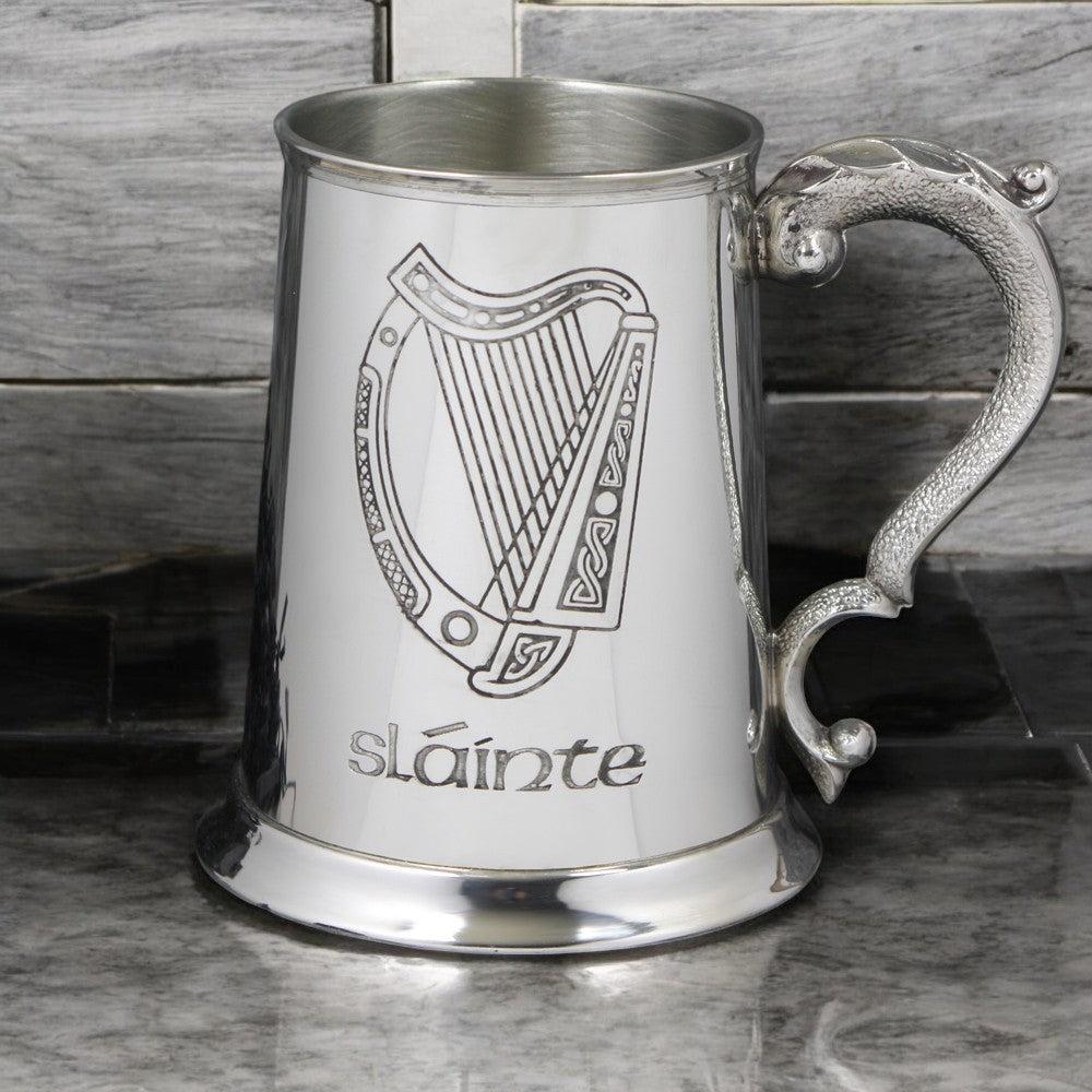 English Factory 1 Pint* Pewter Beer Mug Tankard With Slainte Irish Harp Design