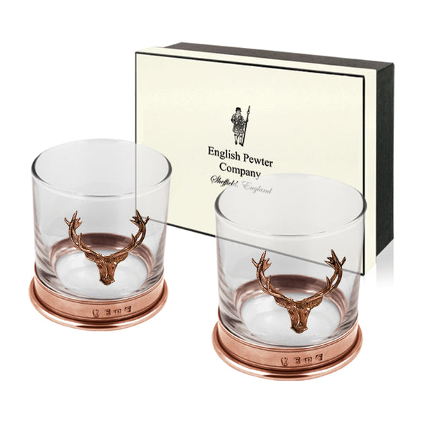 english factory 11oz Copper Stag Head Pewter Whisky Glass Tumbler Set of 2