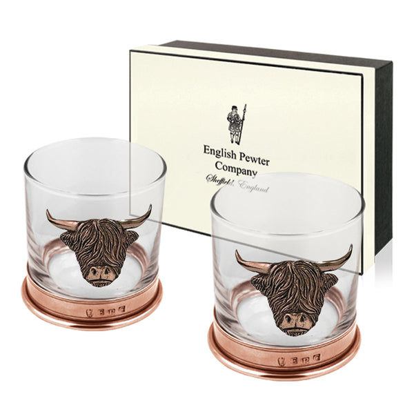 english factory 11oz Highland Cow Copper Whisky Glass Tumbler Set of 2