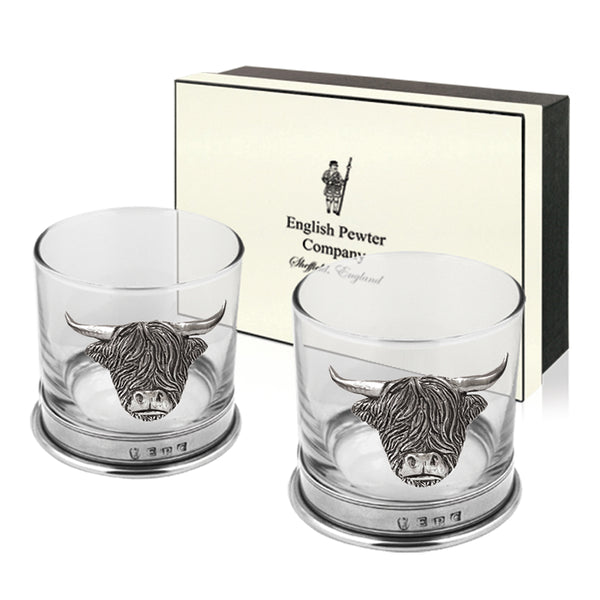 english factory 11oz Highland Cow Pewter Whisky Glass Tumbler Set of 2
