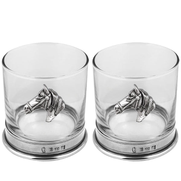 english factory 11oz Horse Head Pewter Whisky Glass Tumbler Set of 2