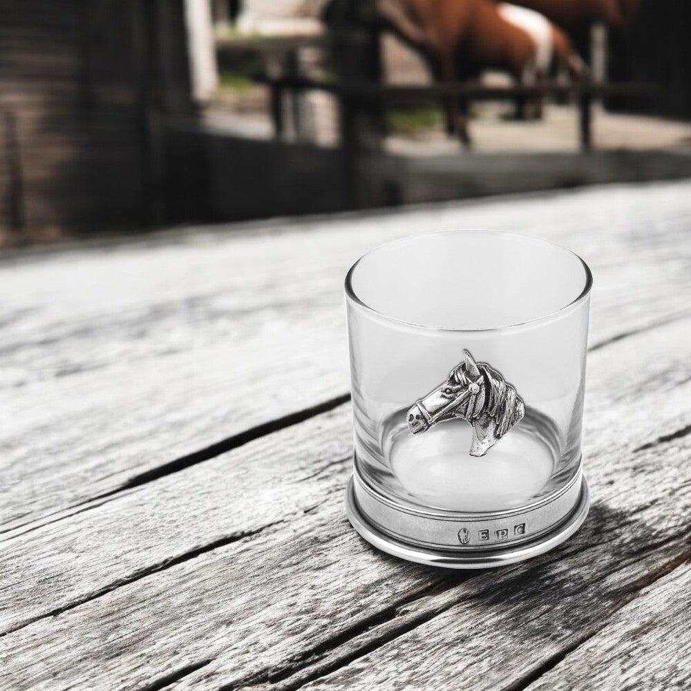 English Factory 11oz Horse Head Pewter Whisky Glass Tumbler Set Of 2