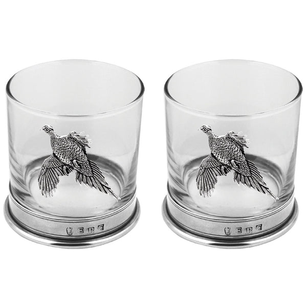 English Factory 11oz Pheasant Pewter Whisky Glass Tumbler Set Of 2