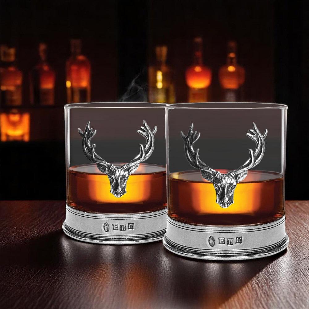 English Factory 11oz Stag Head Pewter Whisky Glass Tumbler Set Of 2