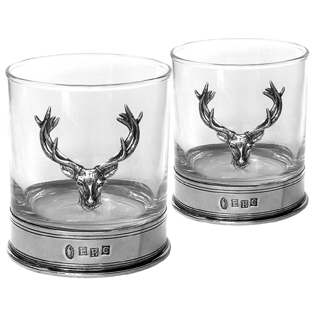 English Factory 11oz Stag Head Pewter Whisky Glass Tumbler Set Of 2