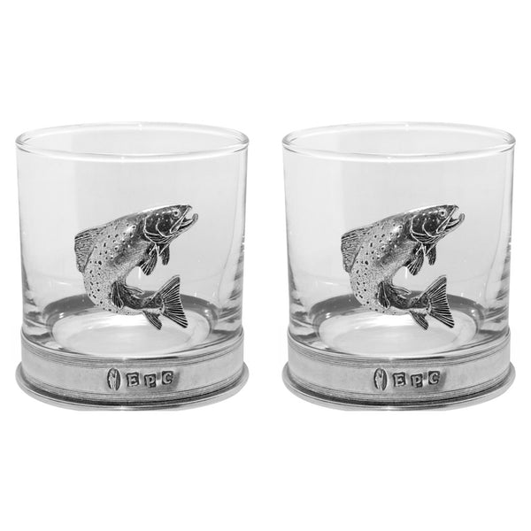 english factory 11oz Trout Fishing Pewter Whisky Glass Tumbler Set of 2