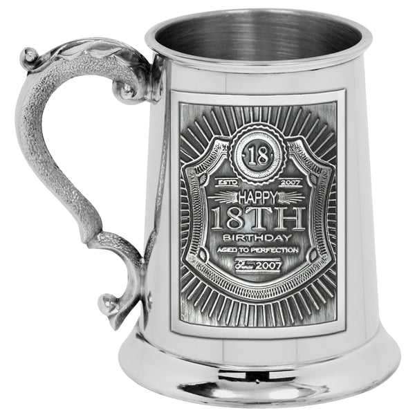 english factory 1pt* Pewter Tankard with Embossed 18th Birthday Badge