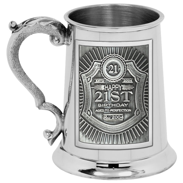 english factory 1pt* Pewter Tankard with Embossed 21st Birthday Badge