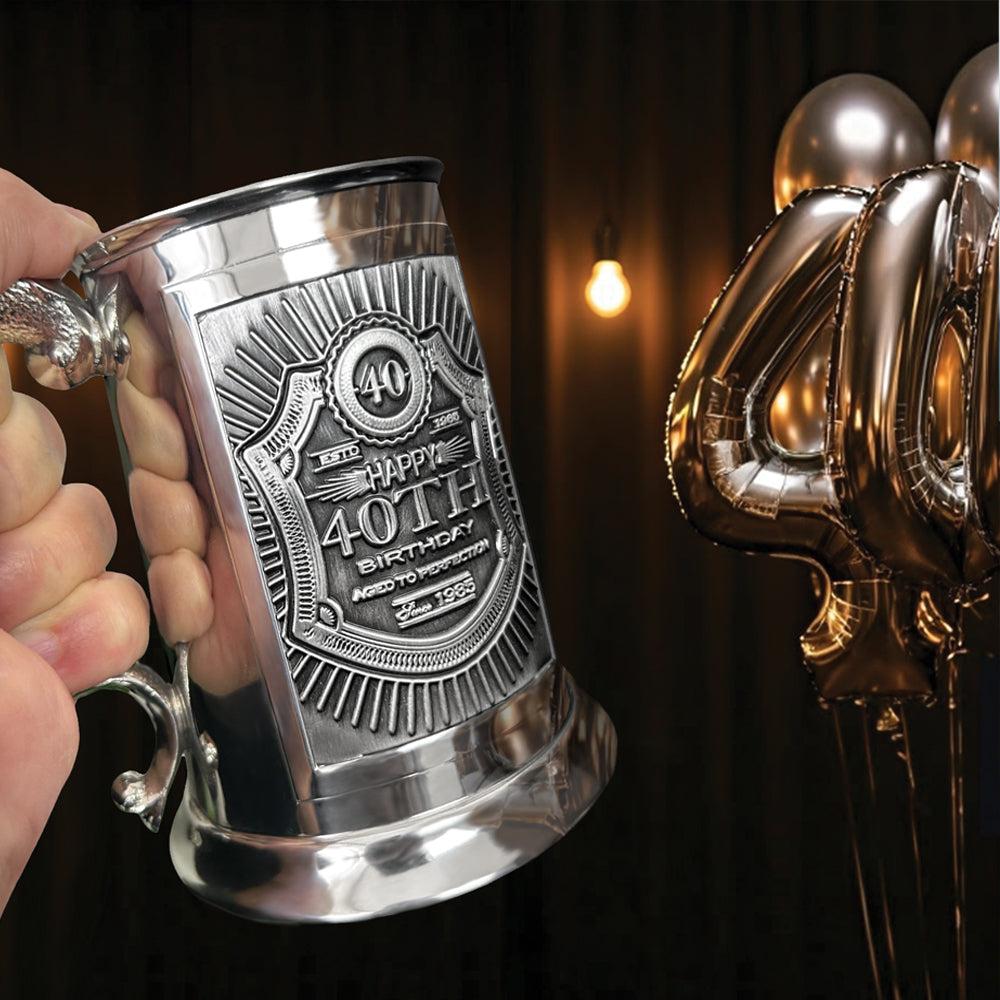 English Factory 1pt* Pewter Tankard With Embossed 40th Birthday Design
