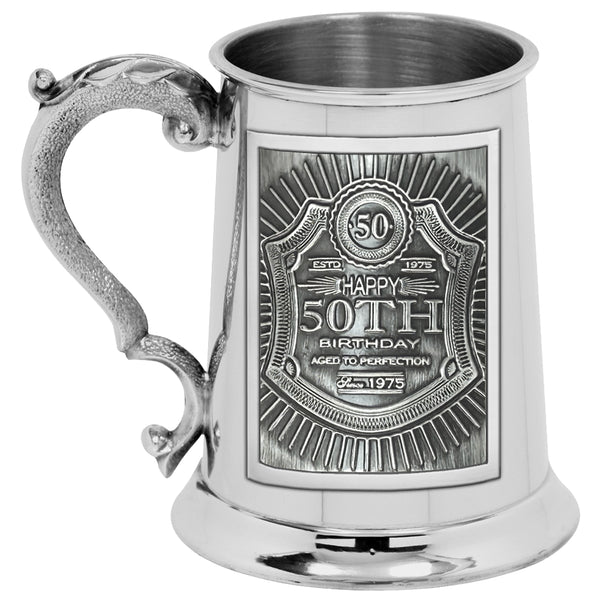 english factory 1pt* Pewter Tankard with Embossed 50th Birthday Design