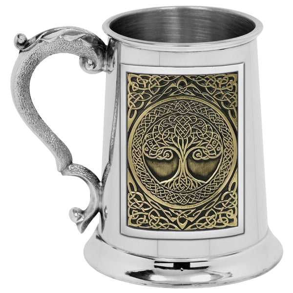 english factory 1pt* Pewter Tankard with Embossed Brass Tree of Life Design